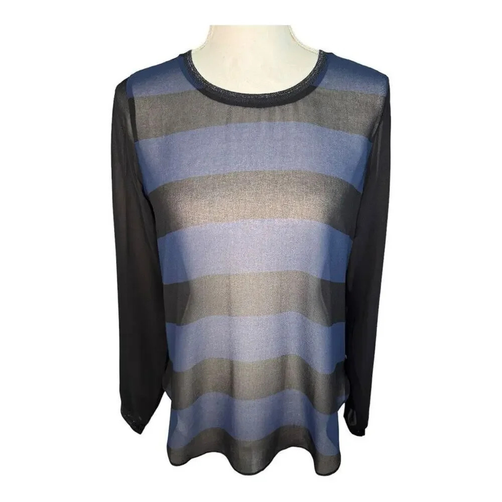 NEW Scotch & Soda Women’s Small (Size 1) Black & Blue Striped Semi-Sheer Top NWT